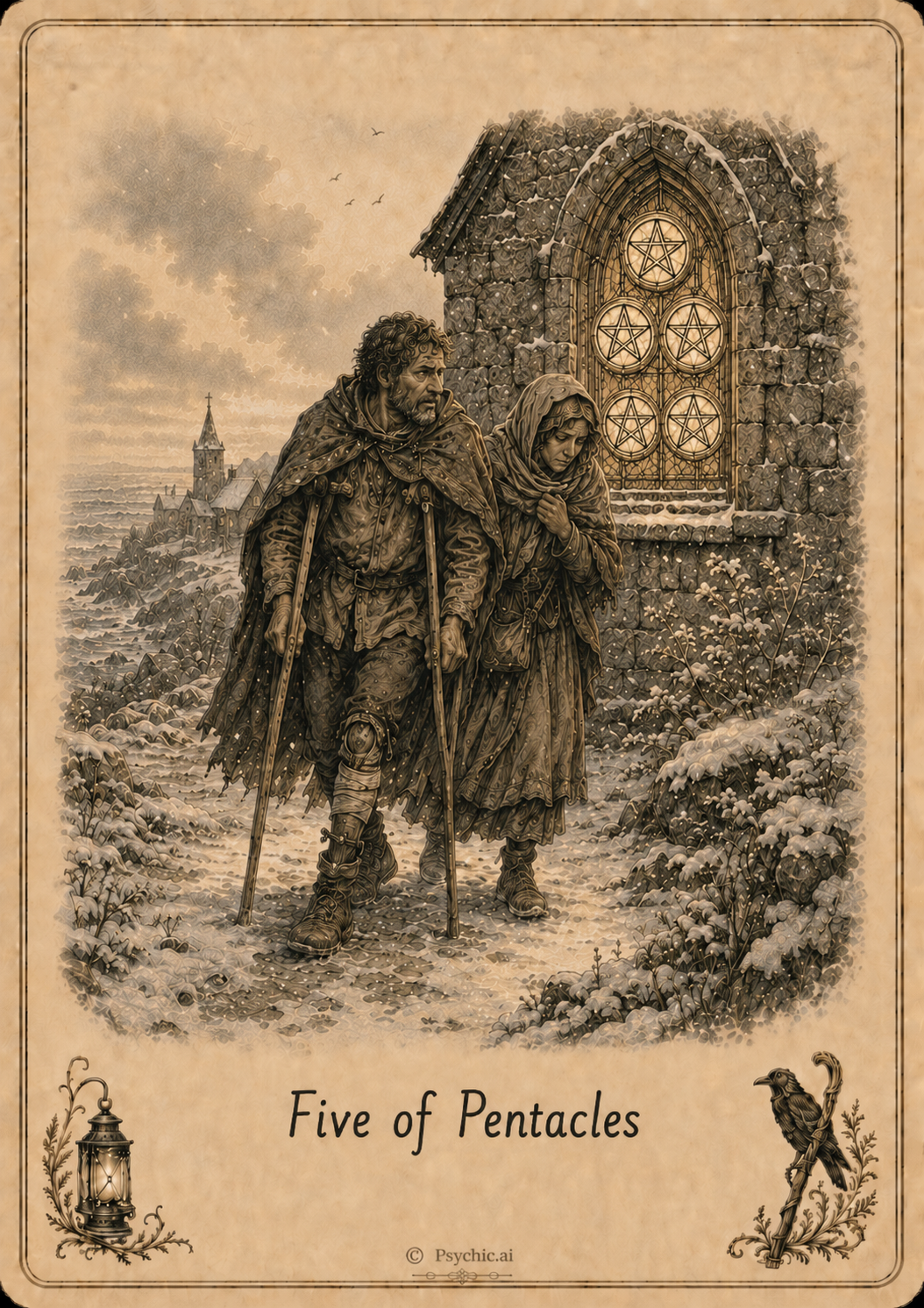Five of Pentacles tarot card illustration